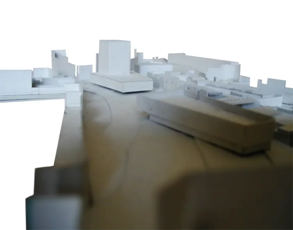 Maquete do projeto urbano - Praça com torre de escritórios