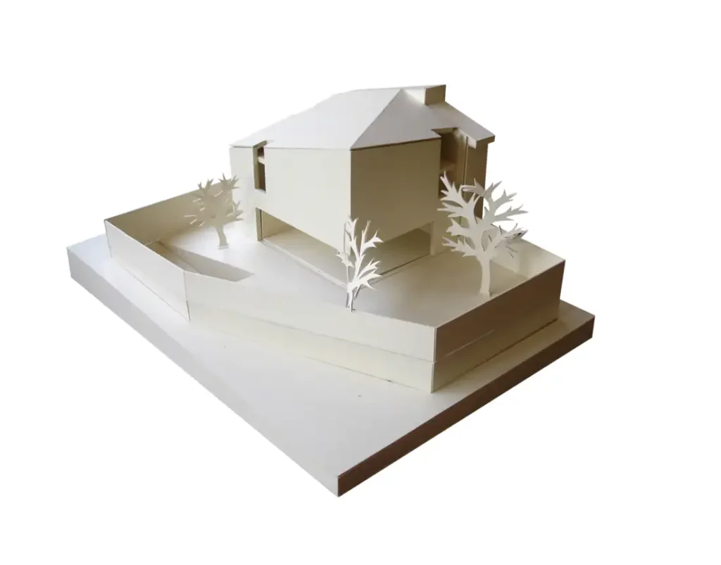 maqueta da habitação moderna - fachadas para o jardim