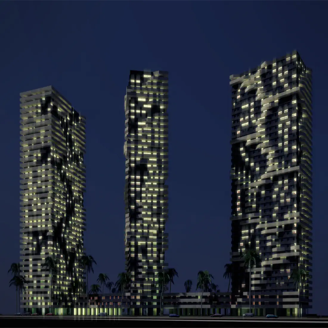 Torres residenciais e centro comercial - vista noturna